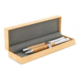 Metal ball pen and rollerball set bamboo in gift box