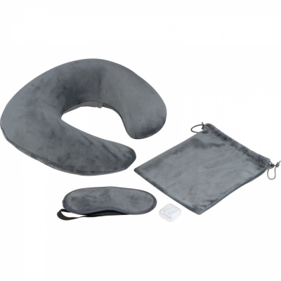 
                                            Travel set with neck pillow, sleep mask, and laundry bag
                                            