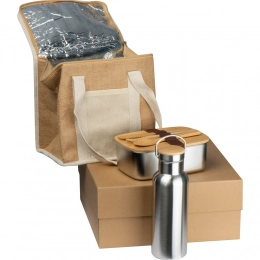 Gift set with drinking bottle, lunch box and jute cooler bag