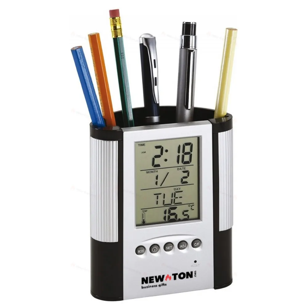 Подставка для ручек с многофункциональными часами BUTLER, черная, серебристая