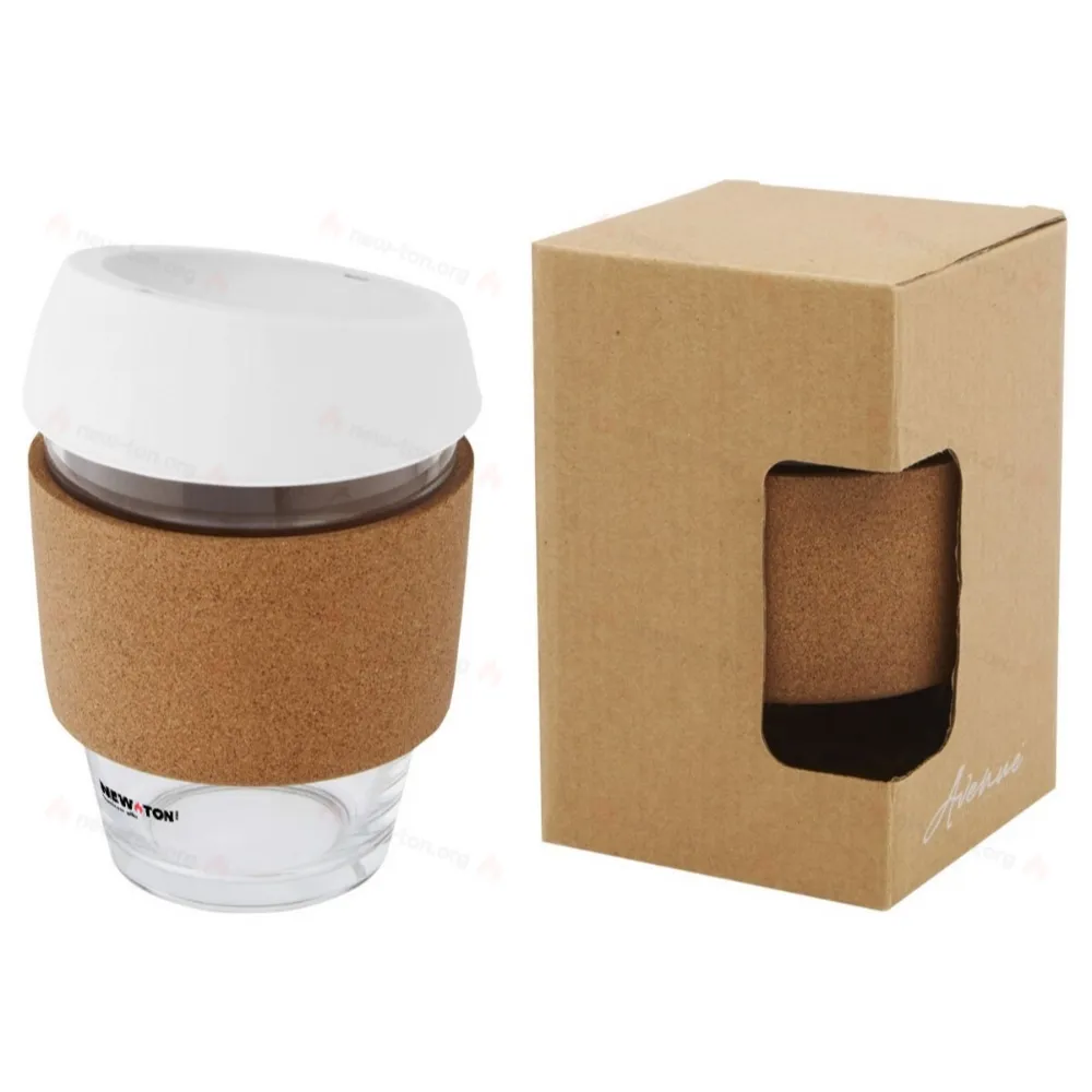 
                                            Lidan 360 ml borosilicate glass tumbler with cork grip and silicone lid
                                            